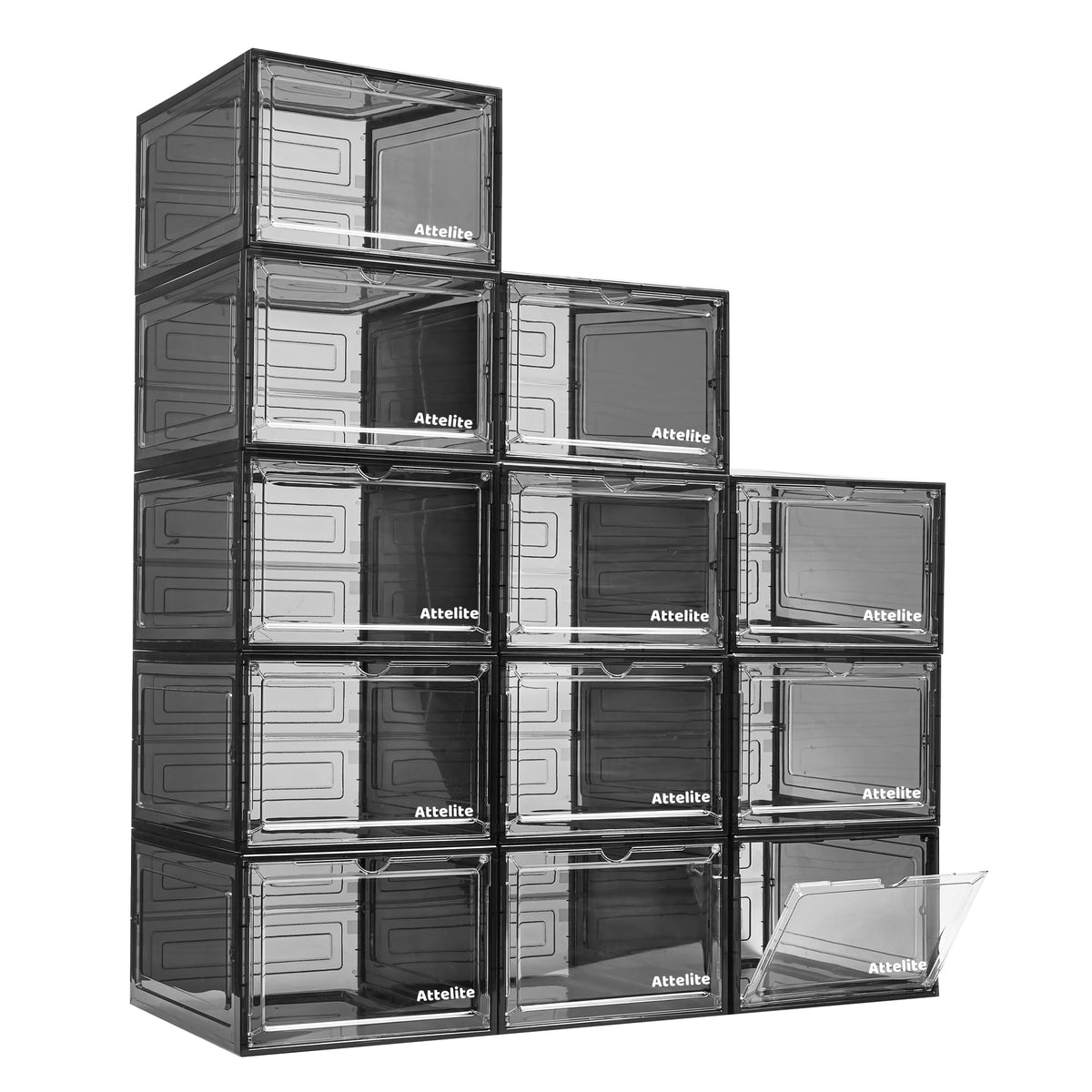 Attelite Shoe Storage Boxes Stackable Clear Shoe Organizer,6 Pack Black