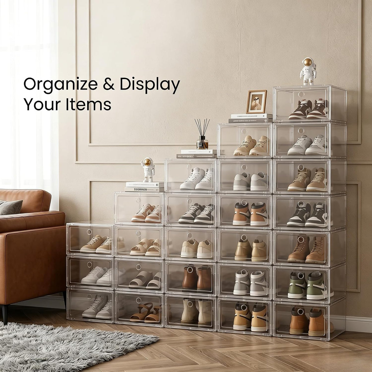 Clear Shoe Storage Boxes 9 Pack, Stackable Bins with Magnetic Doors