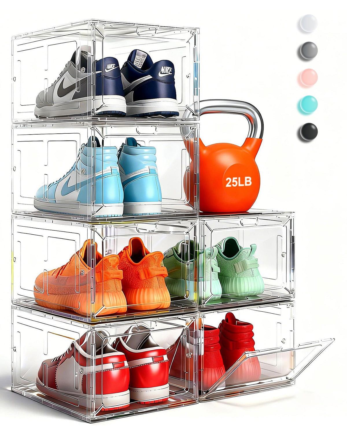 6 Pack Large Drop-Front Black Transparent Shoe Boxes, Stackable Sneaker Storage Container for Closet, Fits US Size 13+, Magnetic Front Door, Heavy-Duty Reinforced Plastic Shoe Organizer