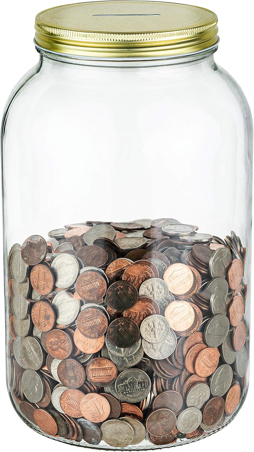 Large Coin Bank Jar with Slotted Gold Lid Holds Over $1,450 in Coins- Used for Piggy Bank and Raffle Ticket Drawing - Glass Money Jar Made in USA - Half Gallon