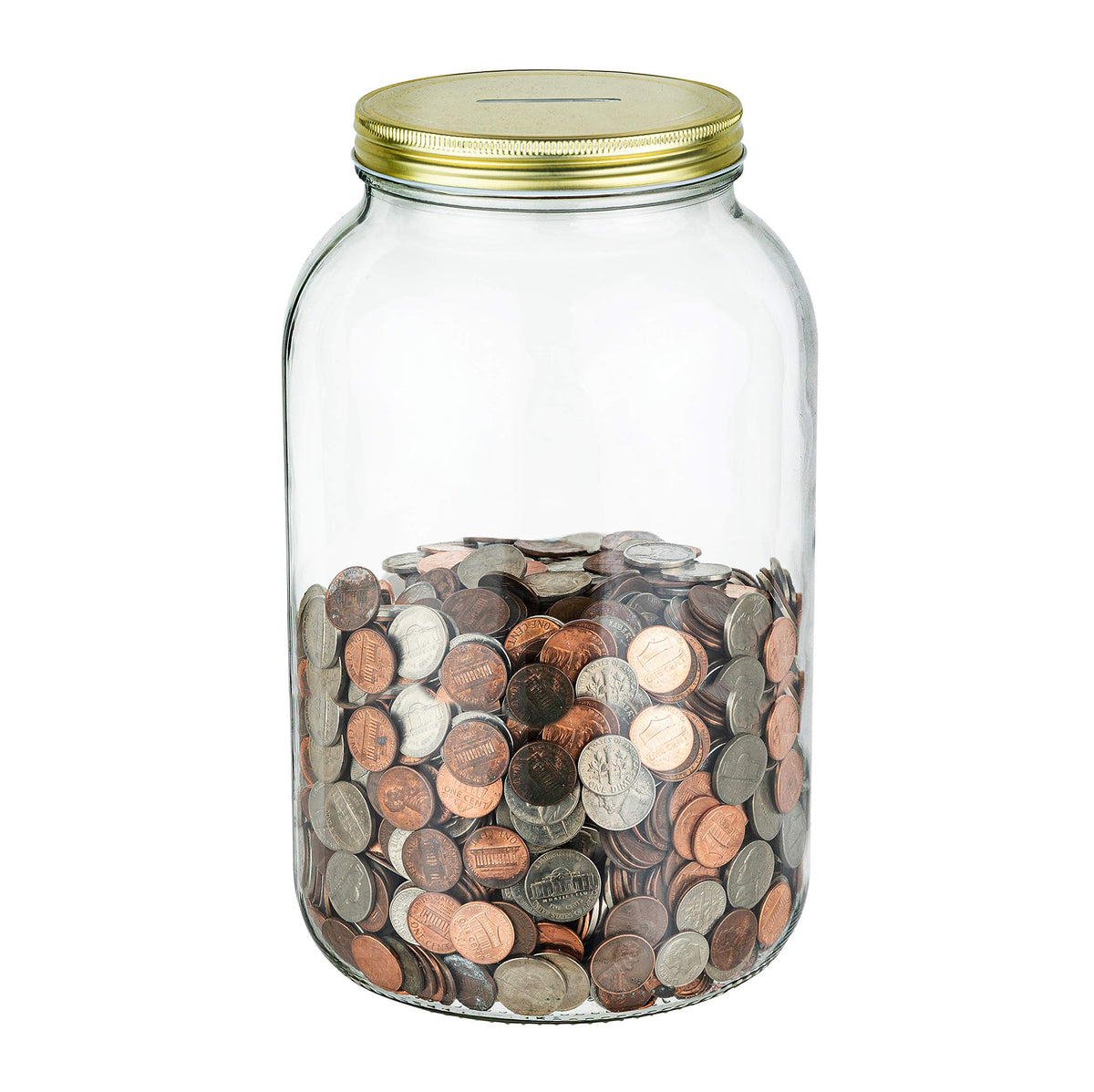 Large Coin Bank Jar with Slotted Gold Lid Holds Over $1,450 in Coins- Used for Piggy Bank and Raffle Ticket Drawing - Glass Money Jar Made in USA - Half Gallon