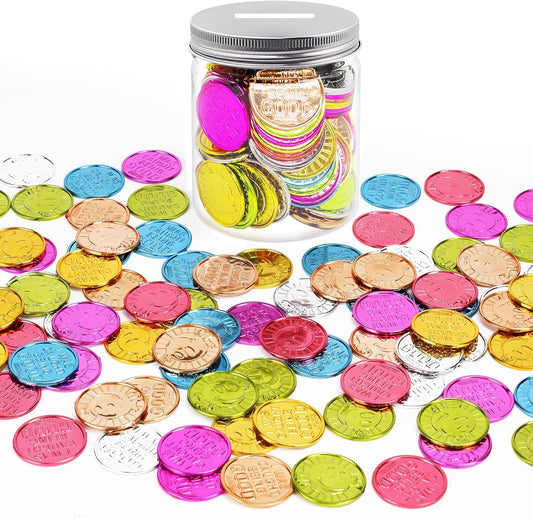 I was Caught Being Good Coins Tokens-100 Pcs, Colorful Plastic Reward Incentive Behavior Pretend Play Coins with Reward Jar, Reward Plastic Play Incentive Behavior Tokens for Kids