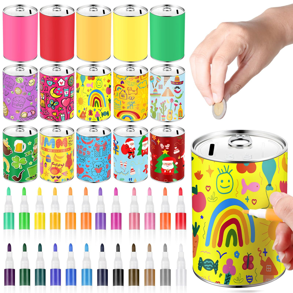 Tandefio 16 Pcs Kids DIY Coin Piggy Bank Metal Craft 24 Marker, White