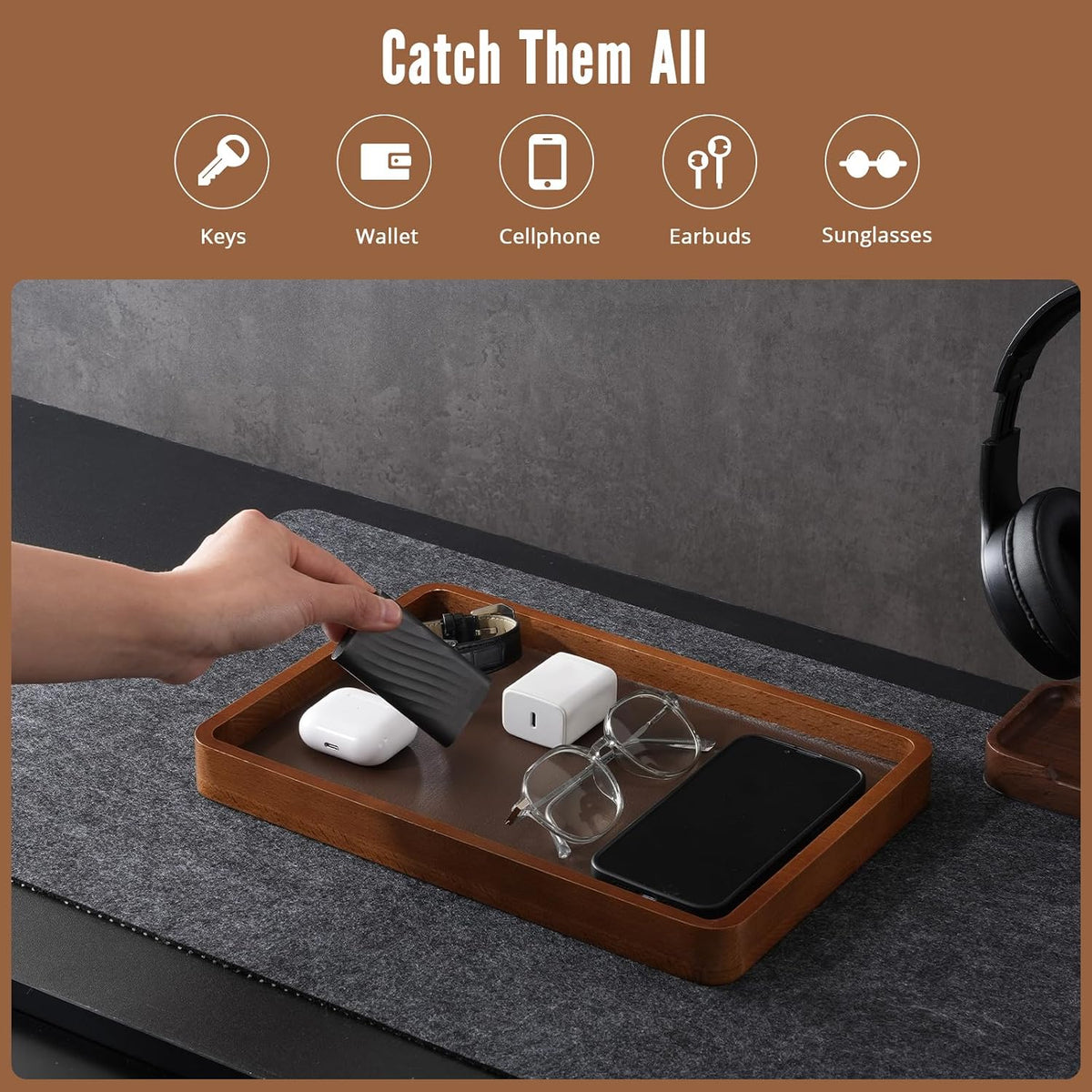 ProCase Wood Valet Tray for Men, Key Tray, Desk & Nightstand -DarkBrown