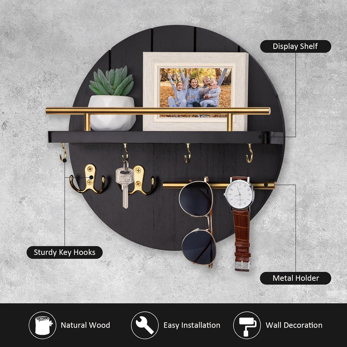 Nekon Key Holder Wall Mount, 11.8” Wood Mail Organizer for Wall, Black