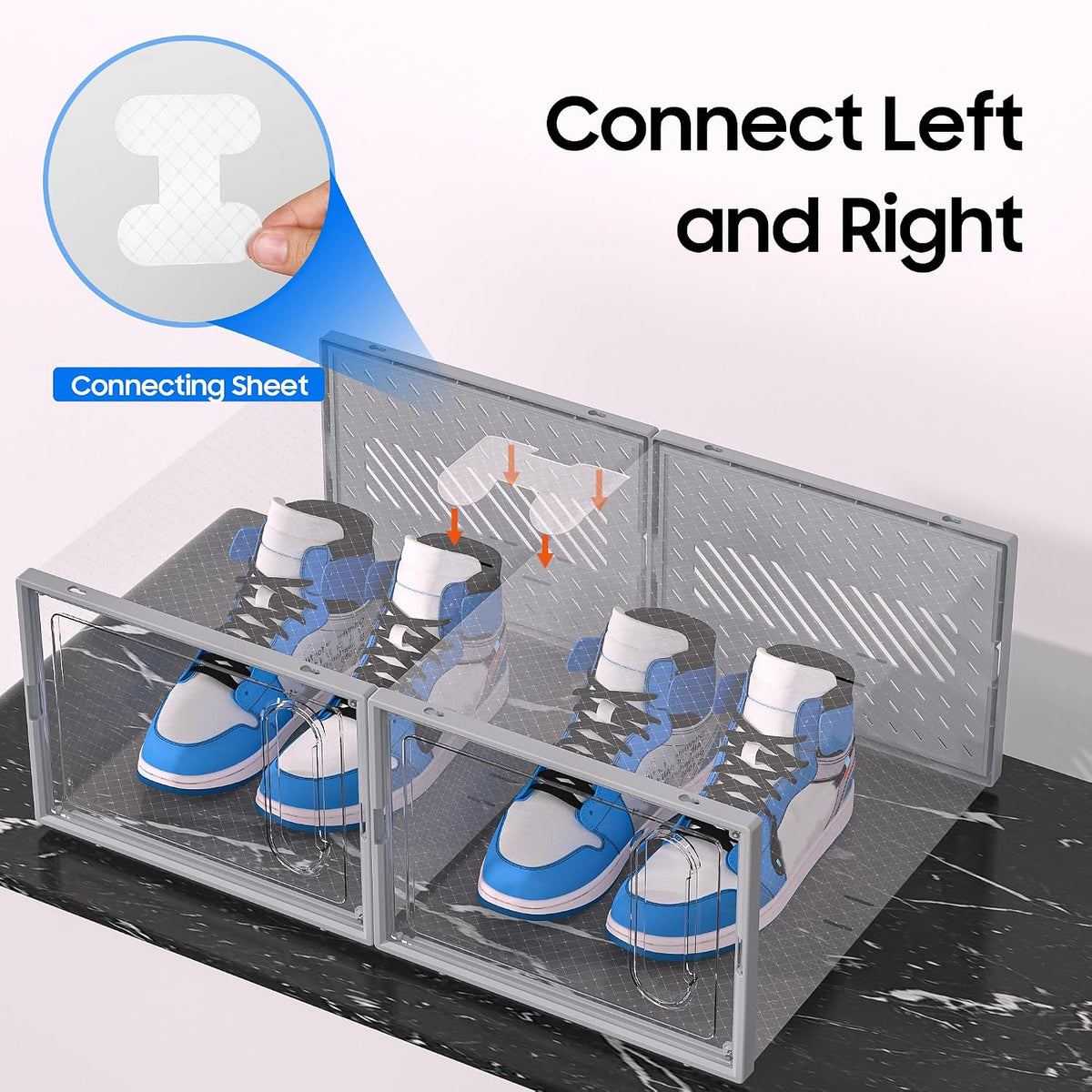 eWonLife Large Shoe Organizer Storage Box with Magnetic Door,12 Pack Clear Plastic Stackable Sneaker Containers for Closet, Connect Left and Right Shoe Box for Entryway, Drop Front, Under Bed (Grey)