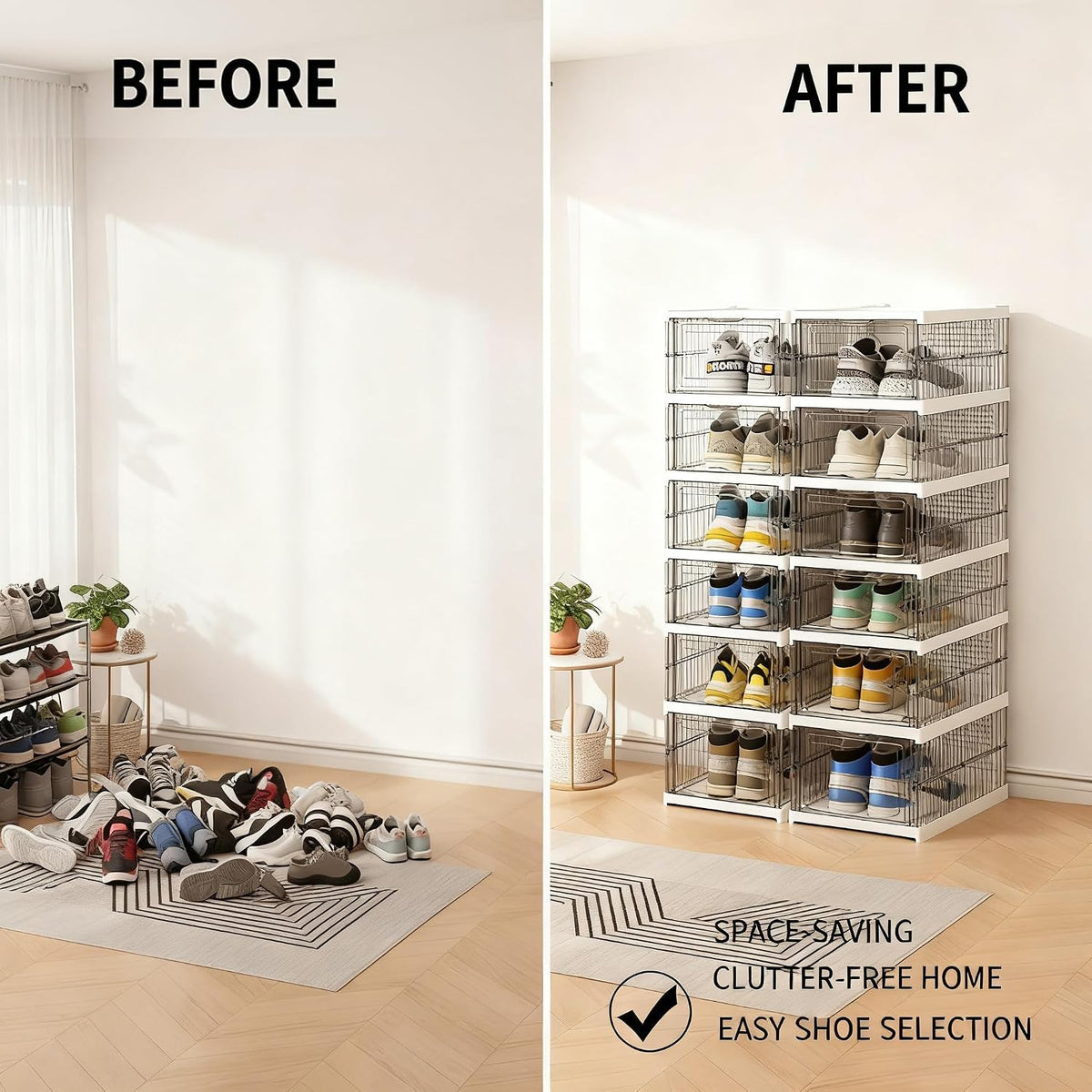 Stackable Clear Shoe Storage Organizer,Foldable Shoe Boxes with Front Opening,Space‑Saving Vertical Shoe Rack for Closet,Entryway,Bedroom,Transparent Shoe Holder for Footwear.