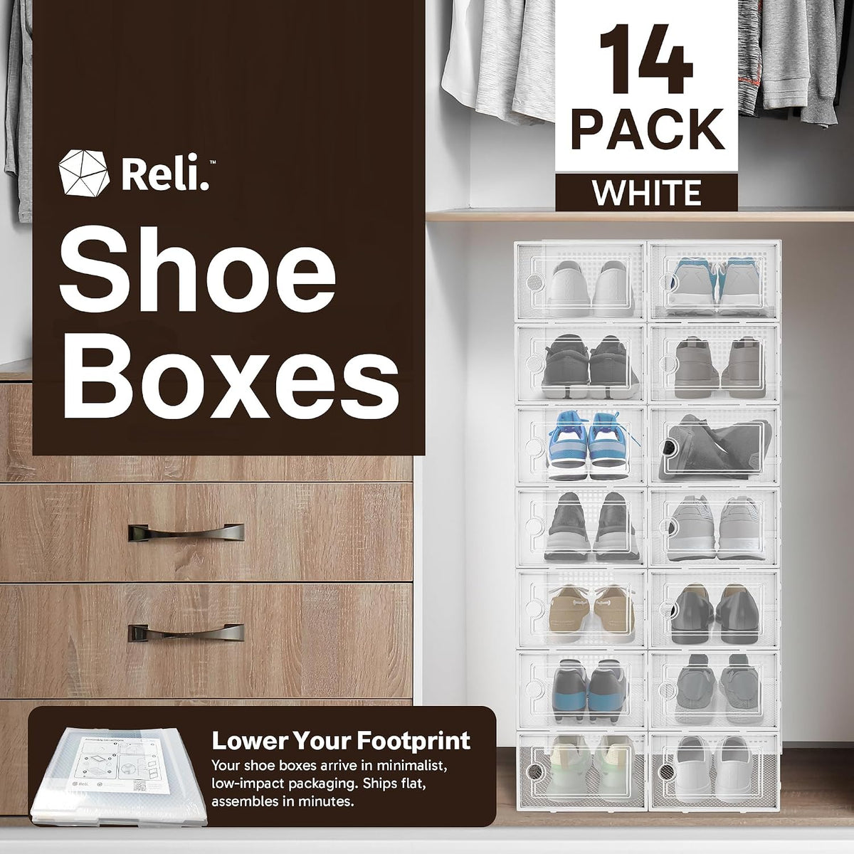 Reli. Shoe Boxes (14 Pack) | Clear Shoe Storage Boxes, Stackable & Compact