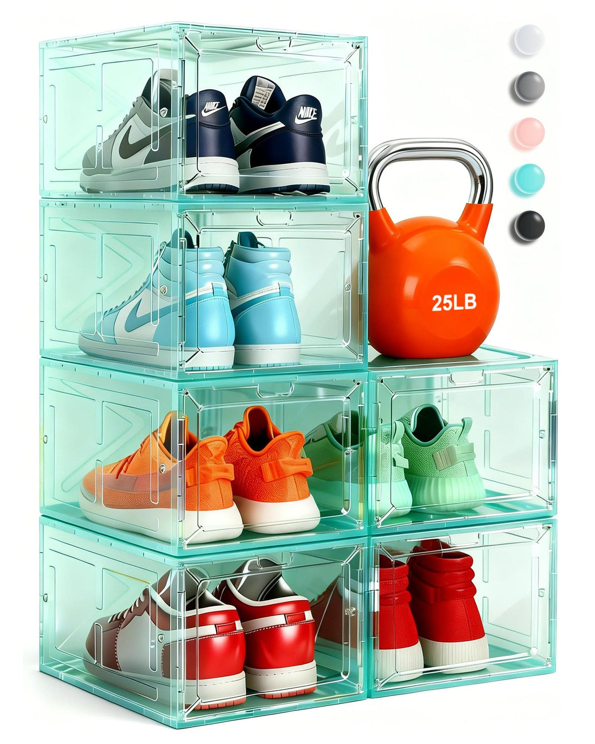 6 Pack Large Drop-Front Black Transparent Shoe Boxes, Stackable Sneaker Storage Container for Closet, Fits US Size 13+, Magnetic Front Door, Heavy-Duty Reinforced Plastic Shoe Organizer