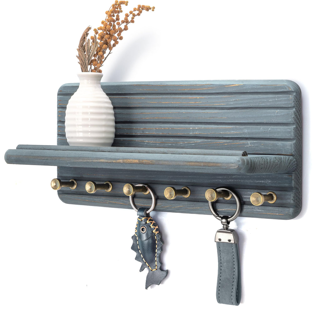 Rebee Vision Pine Wood Key Holder Wall Mount with Shelf for Entryway, Brown