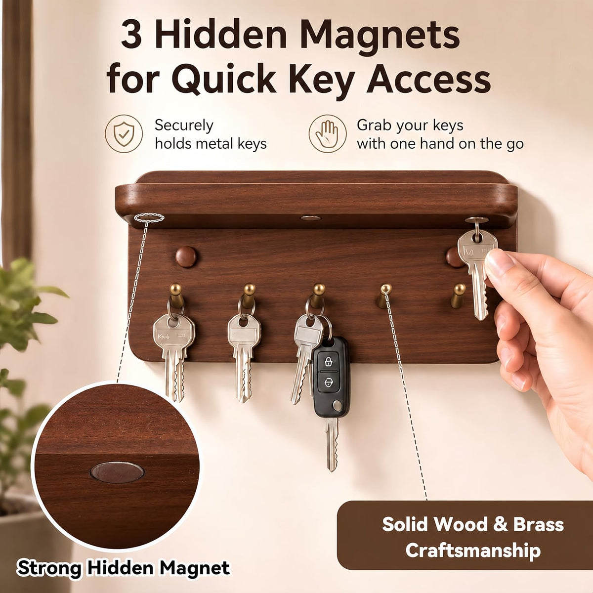 Mifoci Solid Wood Key Holder for Wall, 5 Brass Hooks & 3 Hidden Magnets