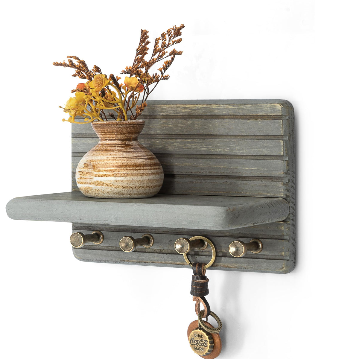 Rebee Vision Pine Wood Key Holder Wall Mount with Shelf for Entryway, Brown
