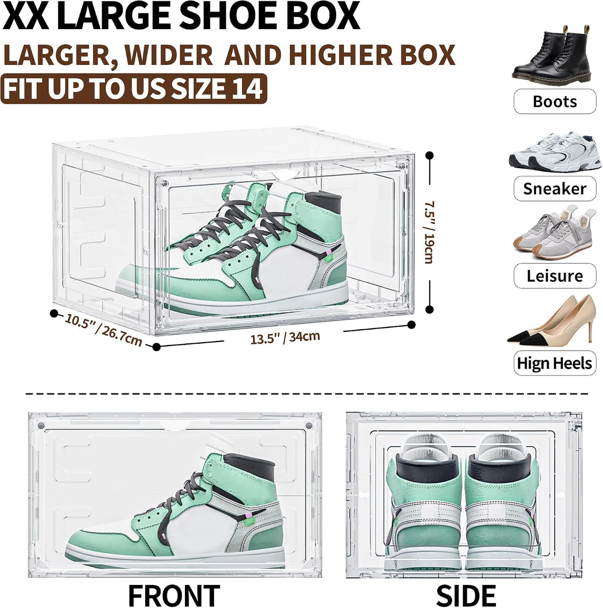 6 Pack Hard Plastic Clear Shoe Storage Organizer Boxes, White