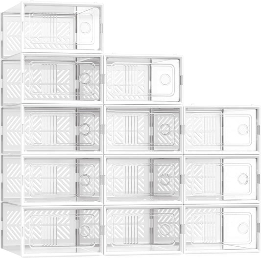 SONGMICS Stackable Shoe Boxes, Foldable, Ventilated Clear, Set of 12