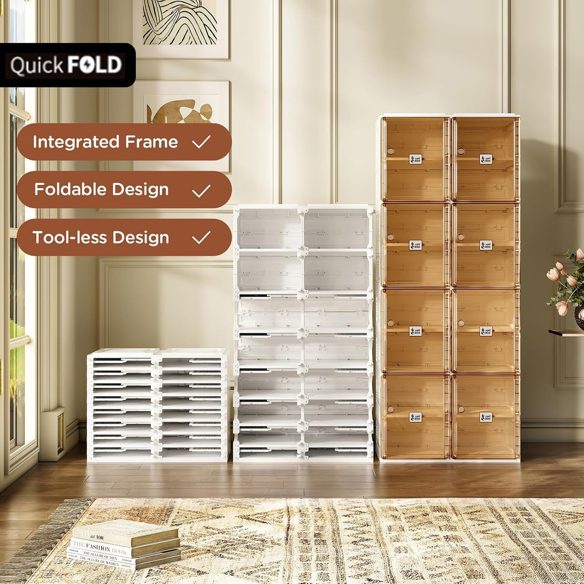 ANTBOX Shoe Organizer Storage Box, Portable Folding Shoe Rack For Closet With Magnetic Clear Door,Large Sneaker Cabinet Bins Sturdy Easy Assembly 8 Layers-16 Grids