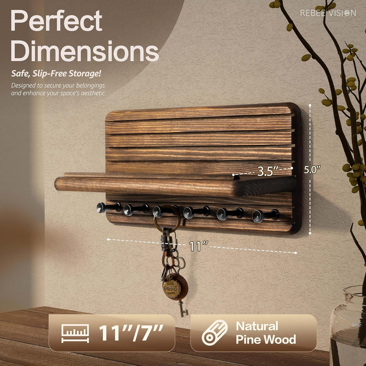Rebee Vision Pine Wood Key Holder Wall Mount with Shelf for Entryway, Brown