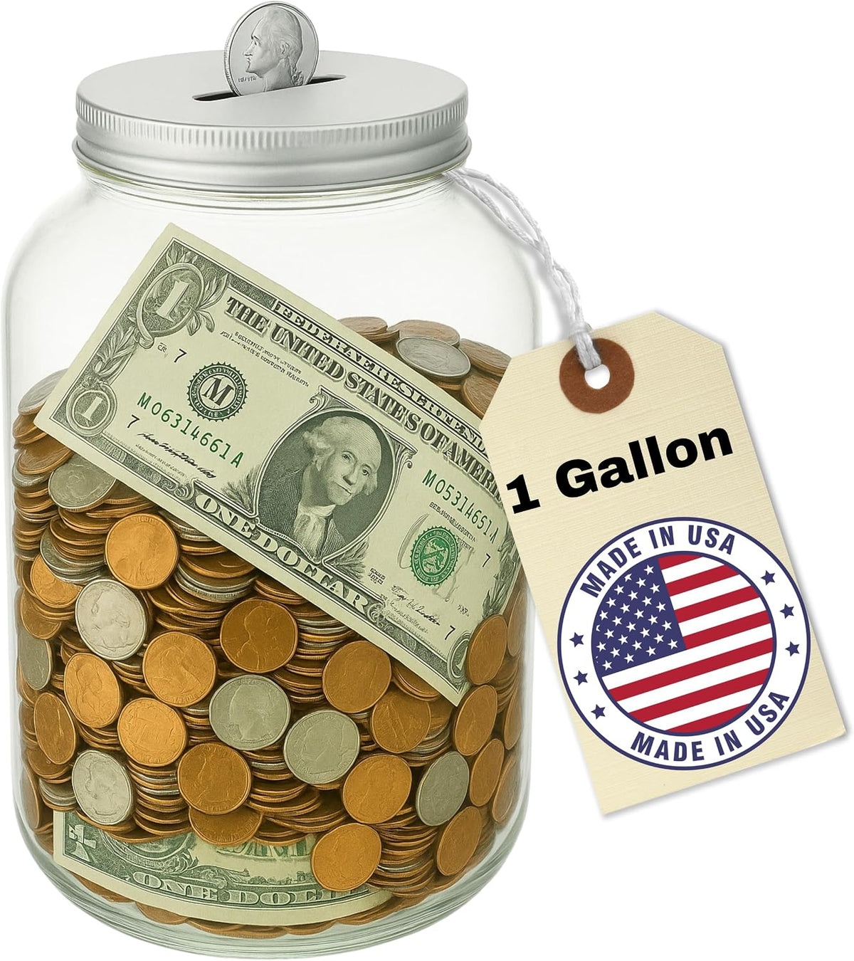 Mason Large Coin Bank Piggy Bank with Slotted Silver Lid – 1 Gallon Glass Jar Holds $3,000 in Quarters – Tip Jar, Donation Holder, Raffle Collector – Made in USA