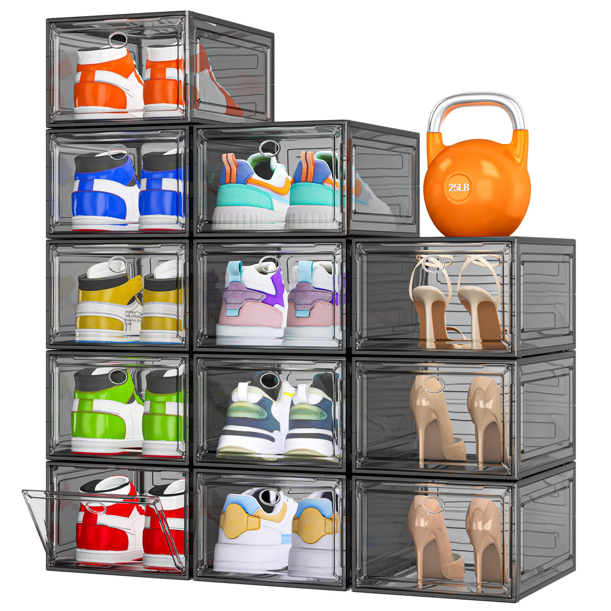 Large Thick Clear Shoe Organizer, Magnetic Door Stackable Shoe Storage Box