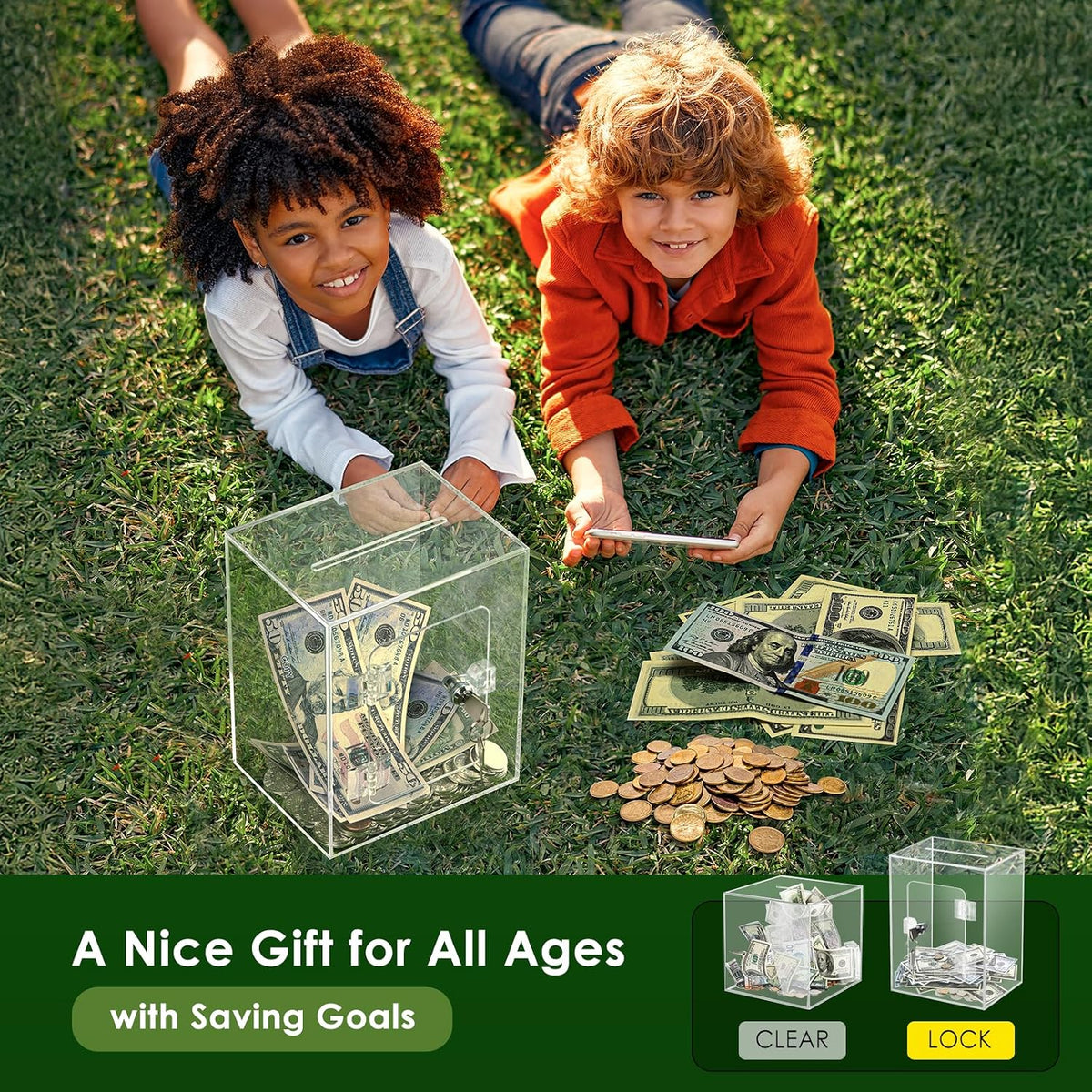 X-Large Piggy Bank for Adults Kids, Acrylic Clear Piggy Bank with Key