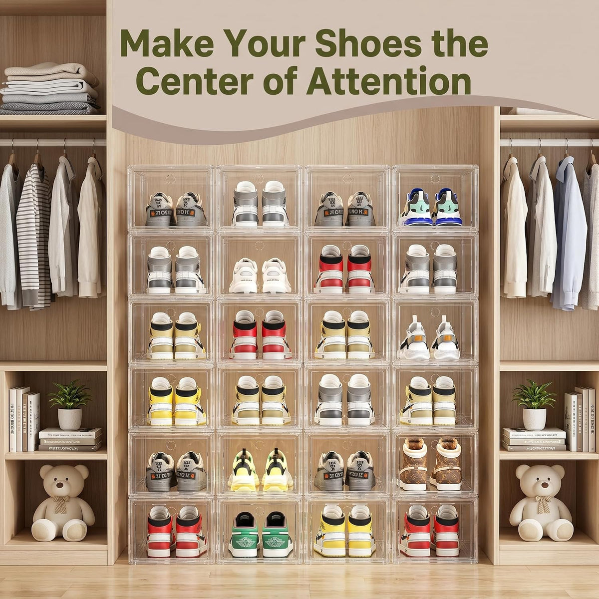 Clear Shoe Storage Boxes 9 Pack, Stackable Bins with Magnetic Doors