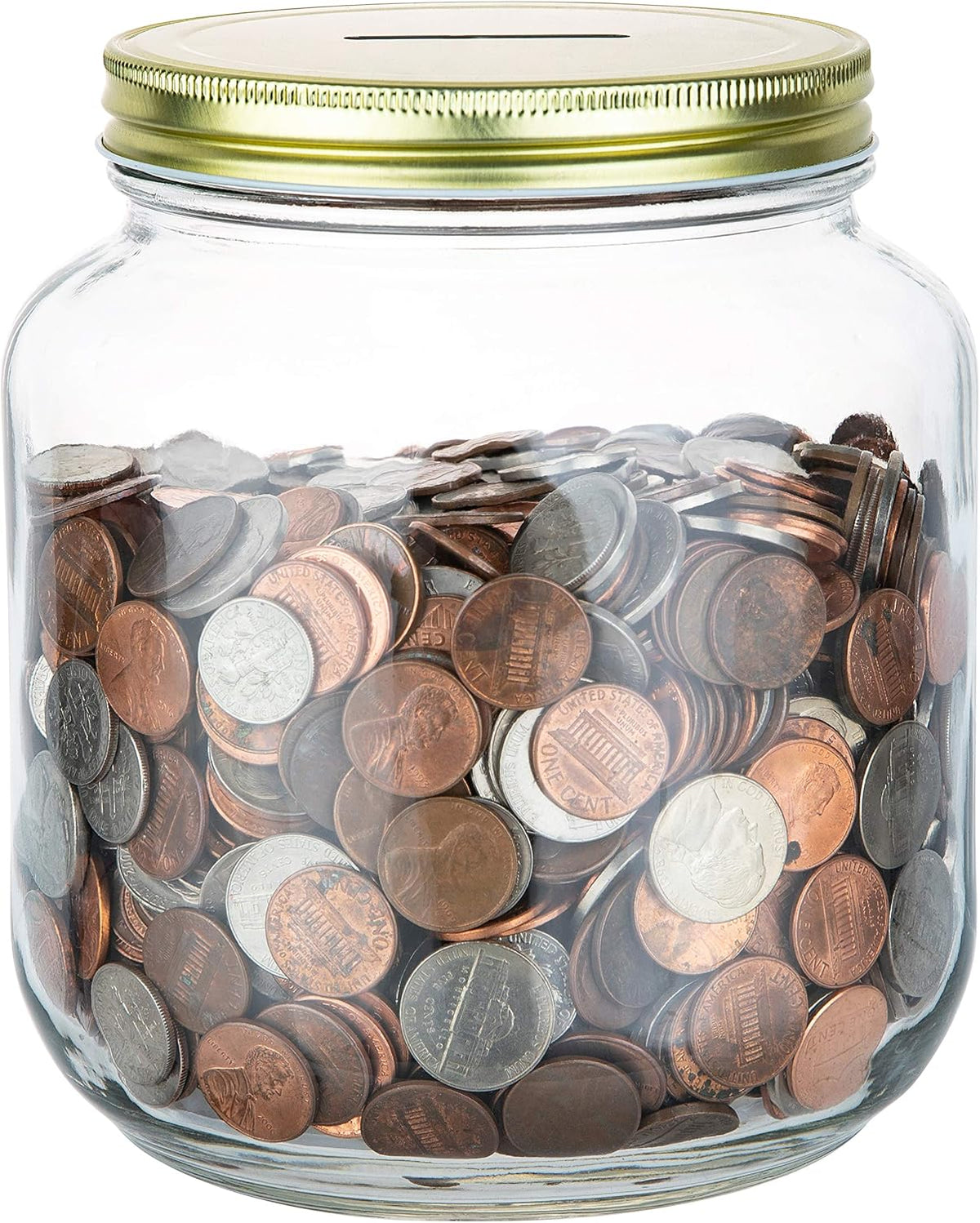 Large Coin Bank Jar with Slotted Gold Lid Holds Over $1,450 in Coins- Used for Piggy Bank and Raffle Ticket Drawing - Glass Money Jar Made in USA - Half Gallon