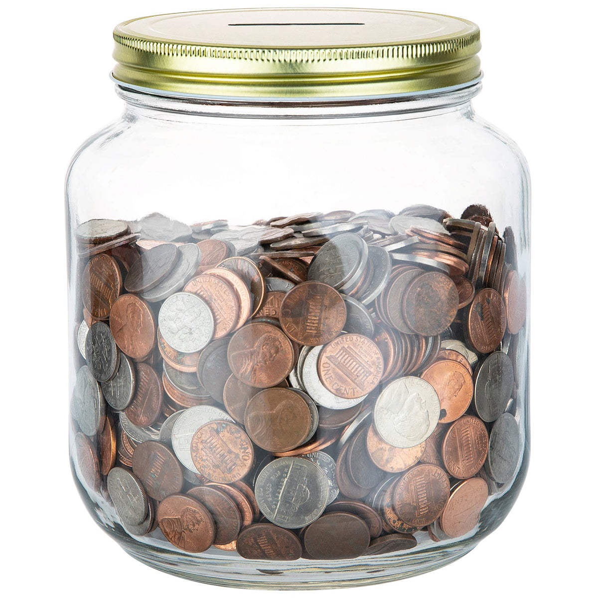 Large Coin Bank Jar with Slotted Gold Lid Holds Over $1,450 in Coins- Used for Piggy Bank and Raffle Ticket Drawing - Glass Money Jar Made in USA - Half Gallon