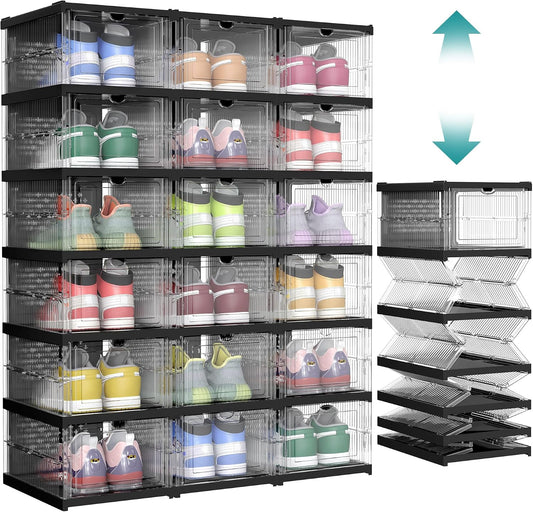 SONGMICS Foldable Shoe Boxes, 6-Tier for 18 Pack, Fit up to US size 13