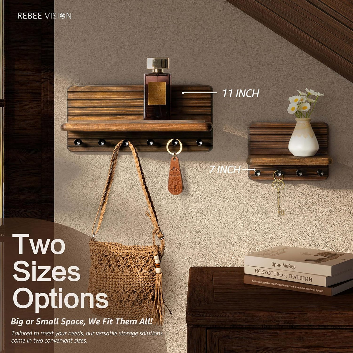 Rebee Vision Pine Wood Key Holder Wall Mount with Shelf for Entryway, Brown