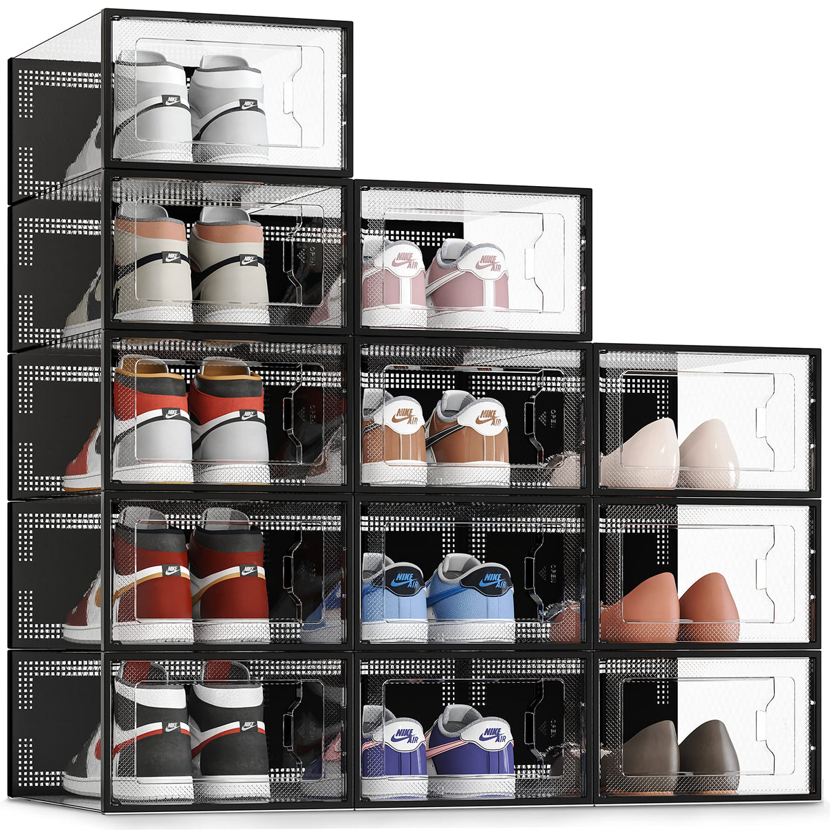 SEE SPRING X-Large Shoe Storage Box Fit Size 11, Clear Plastic Stackable Shoe Organizer for Closet, Space Saving Foldable Shoe Rack Sneaker Container Bin Holder, 12 Pack Clear