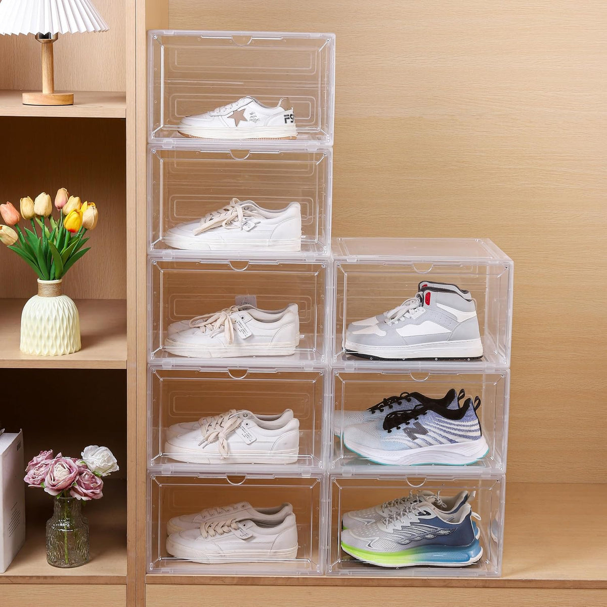 Transparent plastic shoe box, stackable storage box, with flip-up front door, 4-piece set, suitable for organizing shoes on closet shelves