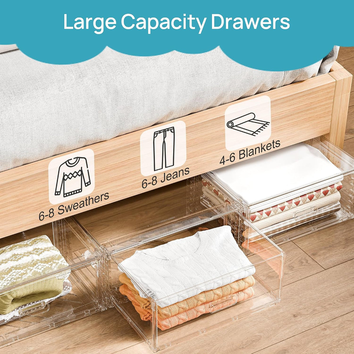 Vtopmart 2 Pack Large Clear Stackable Storage Drawers for Closet, 23QT