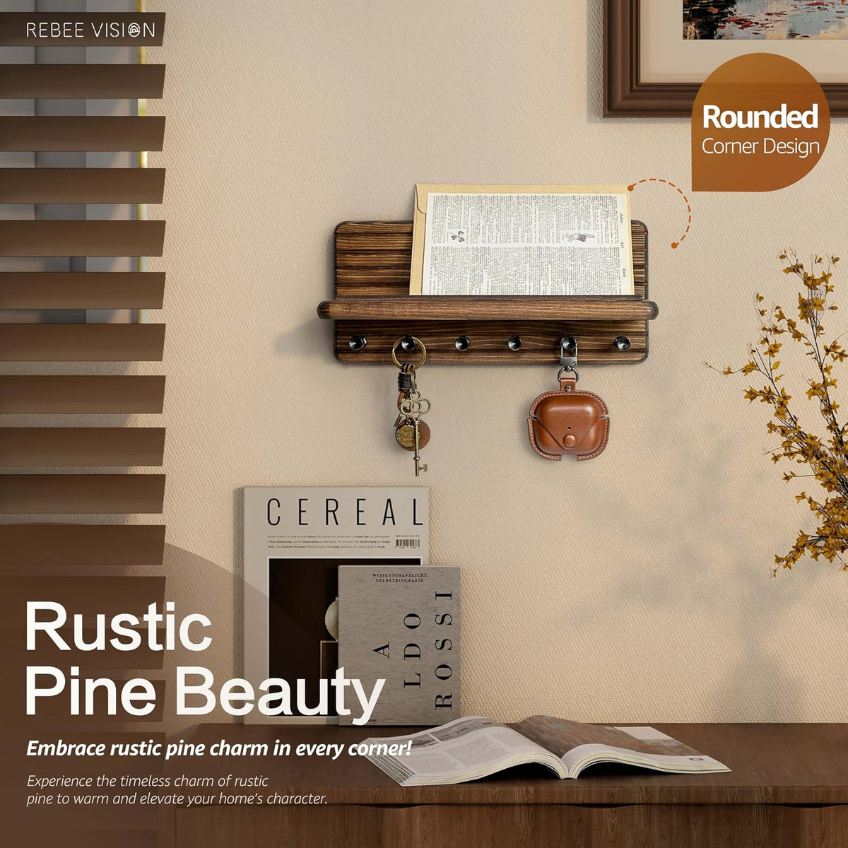 Rebee Vision Pine Wood Key Holder Wall Mount with Shelf for Entryway, Brown