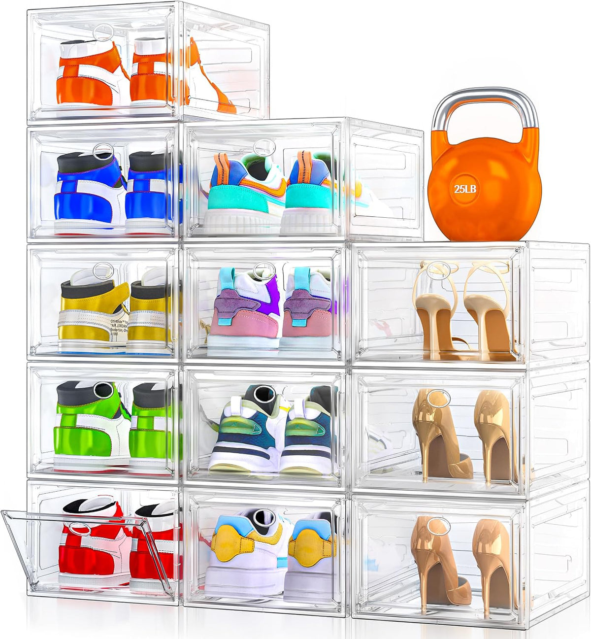 12 Pack Shoe Organizer, Stackable Shoe Storage Boxes with Magnetic Door