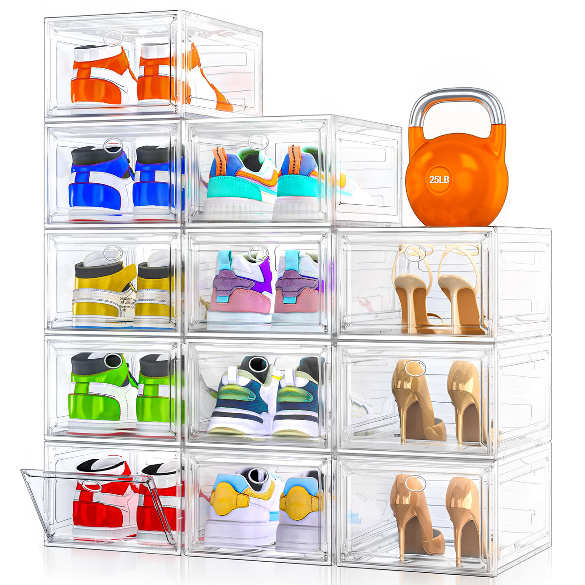 12 Pack Shoe Organizer, Stackable Shoe Storage Boxes with Magnetic Door