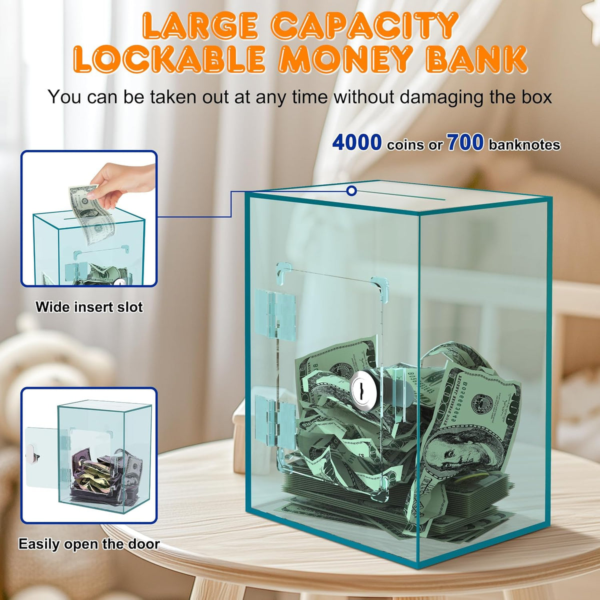 Large Acrylic Clear Piggy Bank, Money Saving Box for Cash Saving with Key, Openable Clear Acrylic Savings Jar for Adults Kid (Blue-Green)