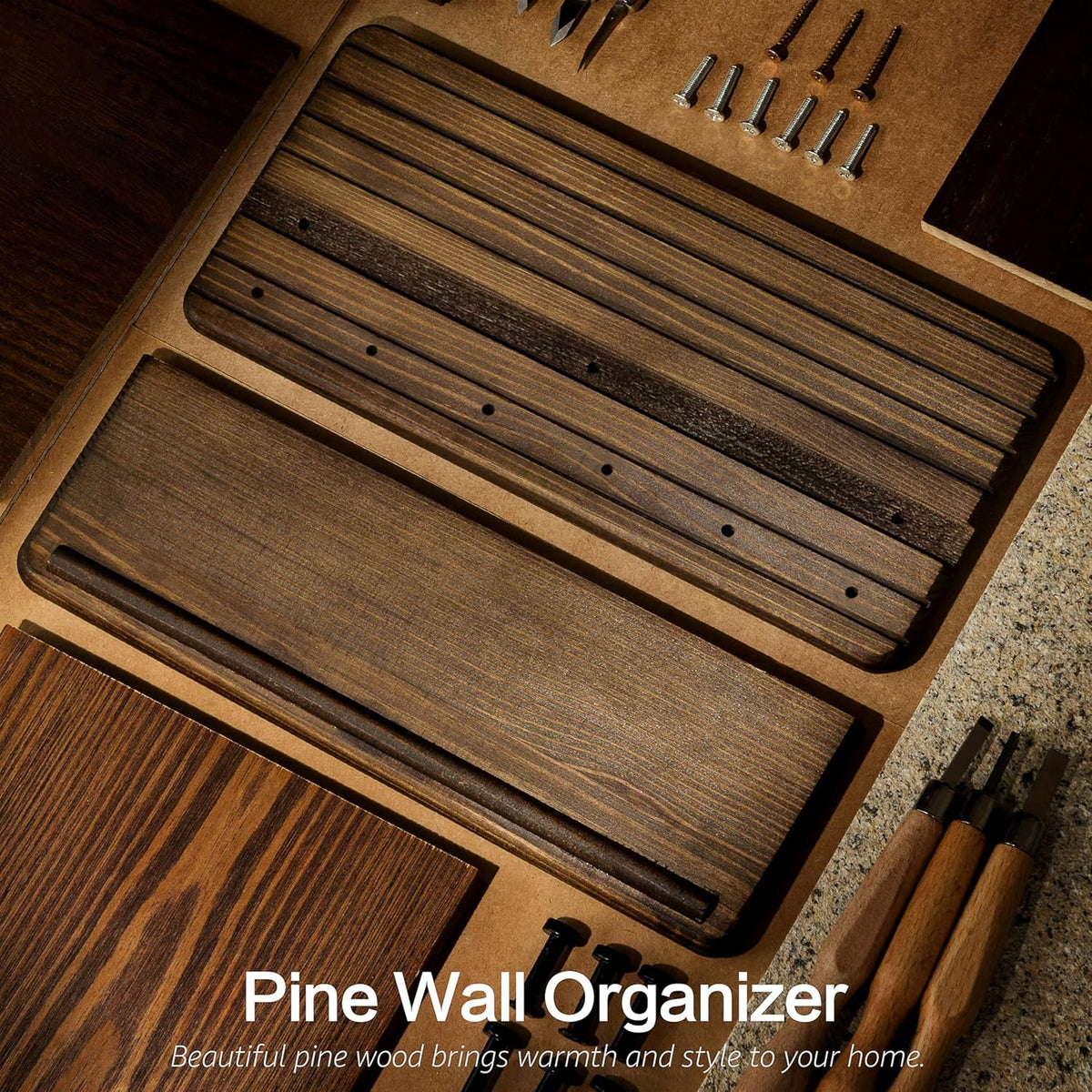 Rebee Vision Pine Wood Key Holder Wall Mount with Shelf for Entryway, Brown