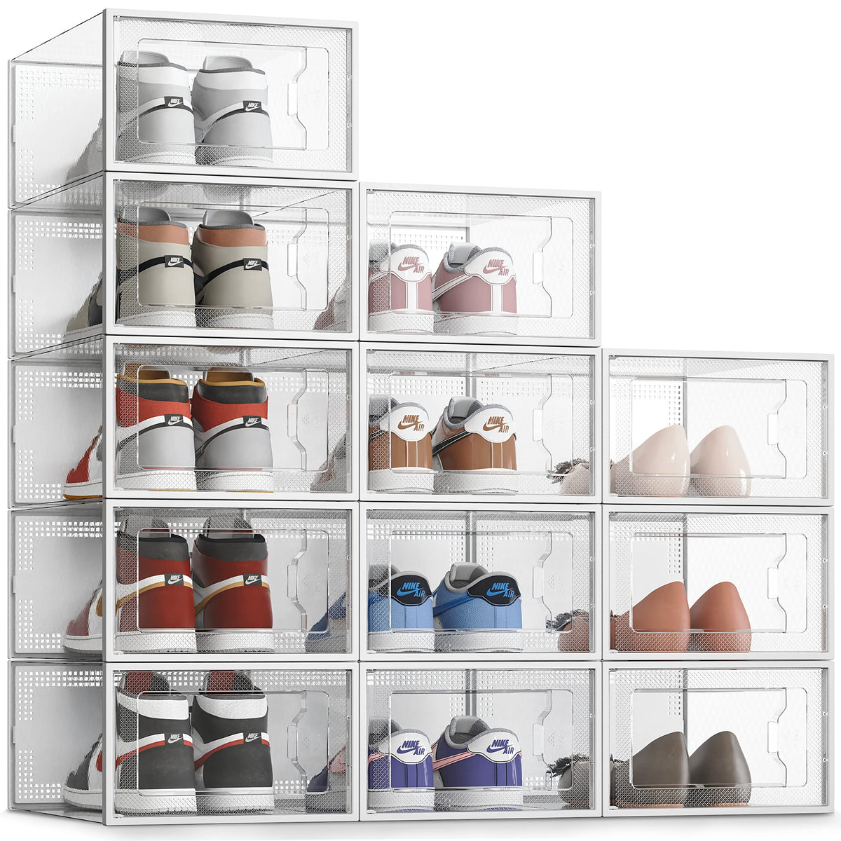 SEE SPRING X-Large Shoe Storage Box Fit Size 11, Clear Plastic Stackable Shoe Organizer for Closet, Space Saving Foldable Shoe Rack Sneaker Container Bin Holder, 12 Pack Clear