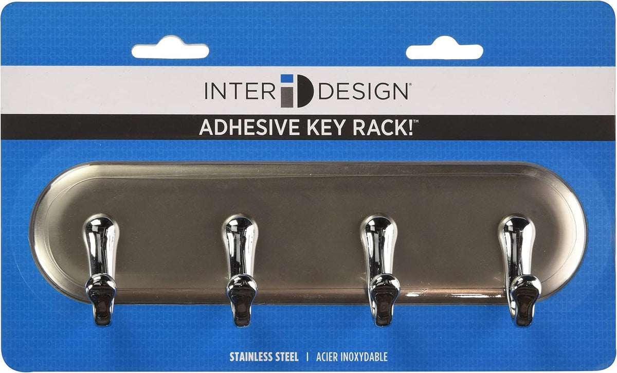 iDesign York Adhesive Backed Key Holder for Wall, 1.5" x 7" x 5.5", Brushed Stainless Steel