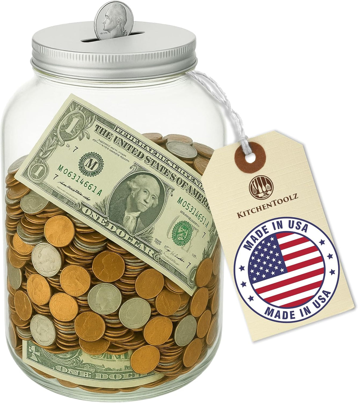 Mason Large Coin Bank Piggy Bank with Slotted Silver Lid – 1 Gallon Glass Jar Holds $3,000 in Quarters – Tip Jar, Donation Holder, Raffle Collector – Made in USA